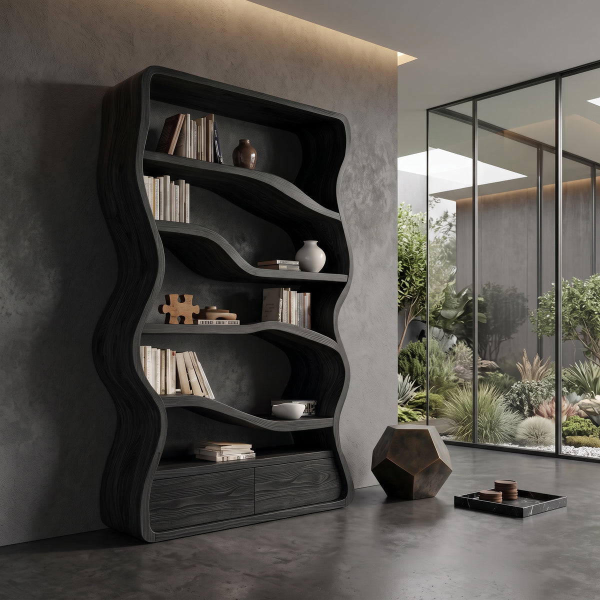 Modern Curved Wooden Bookshelf For Living Room
