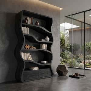 Modern Curved Wooden Bookshelf For Living Room