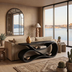Modern Wooden Console Table Flowing Shelf Design For Living