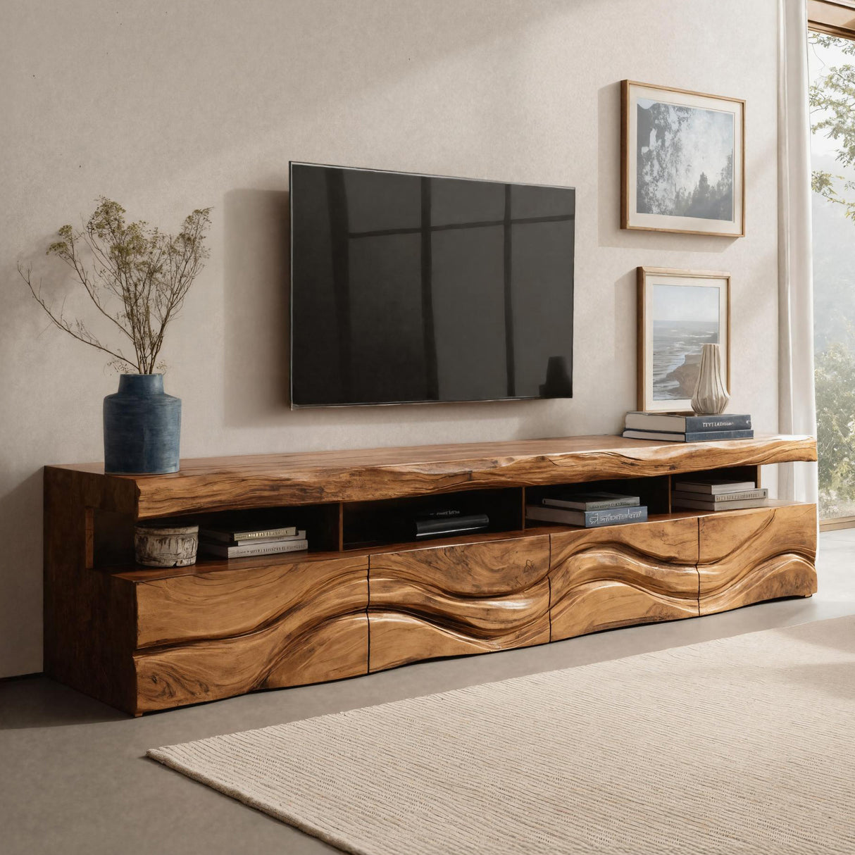 Modern Wave Carved Wood TV Stand For Living Room