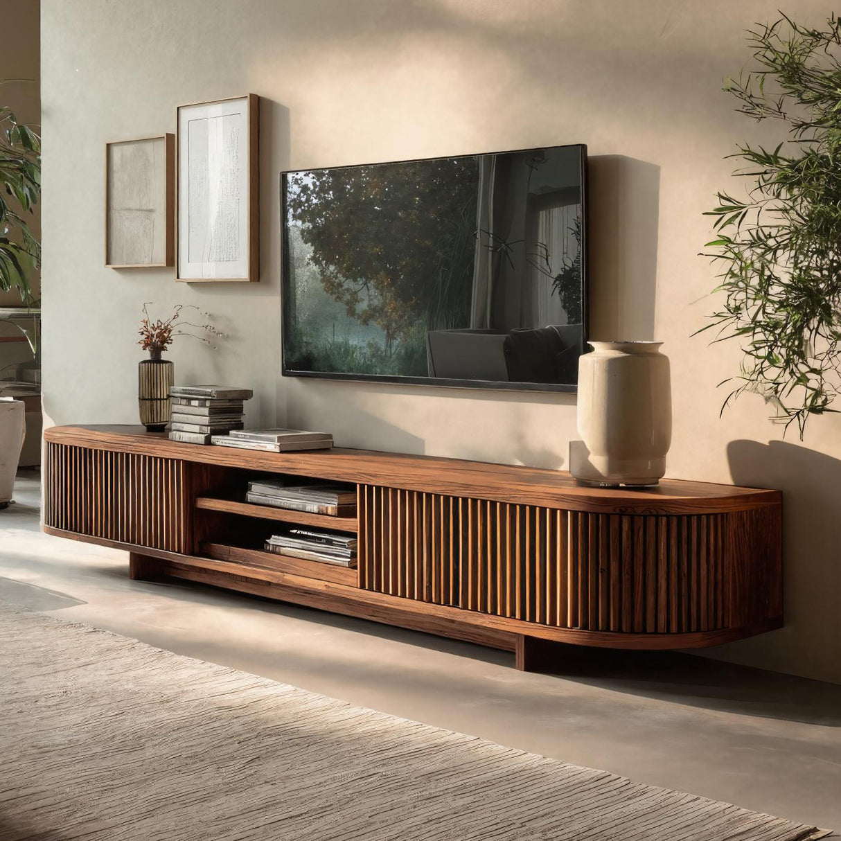 Hand Carved Wooden Media Cabinet For Living Room