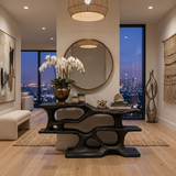 Wooden Console Table With Sculptural Open Shelves For Living