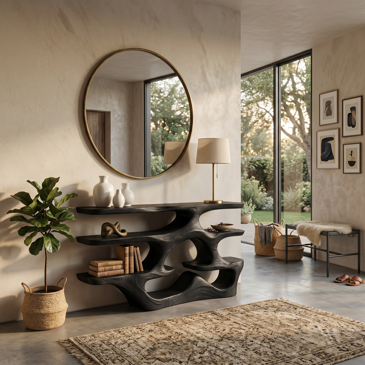 Wooden Console Table With Multi Level Shelves For Living Room