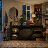 Rustic Wooden Console Table With Sculptural Hollow For Interior