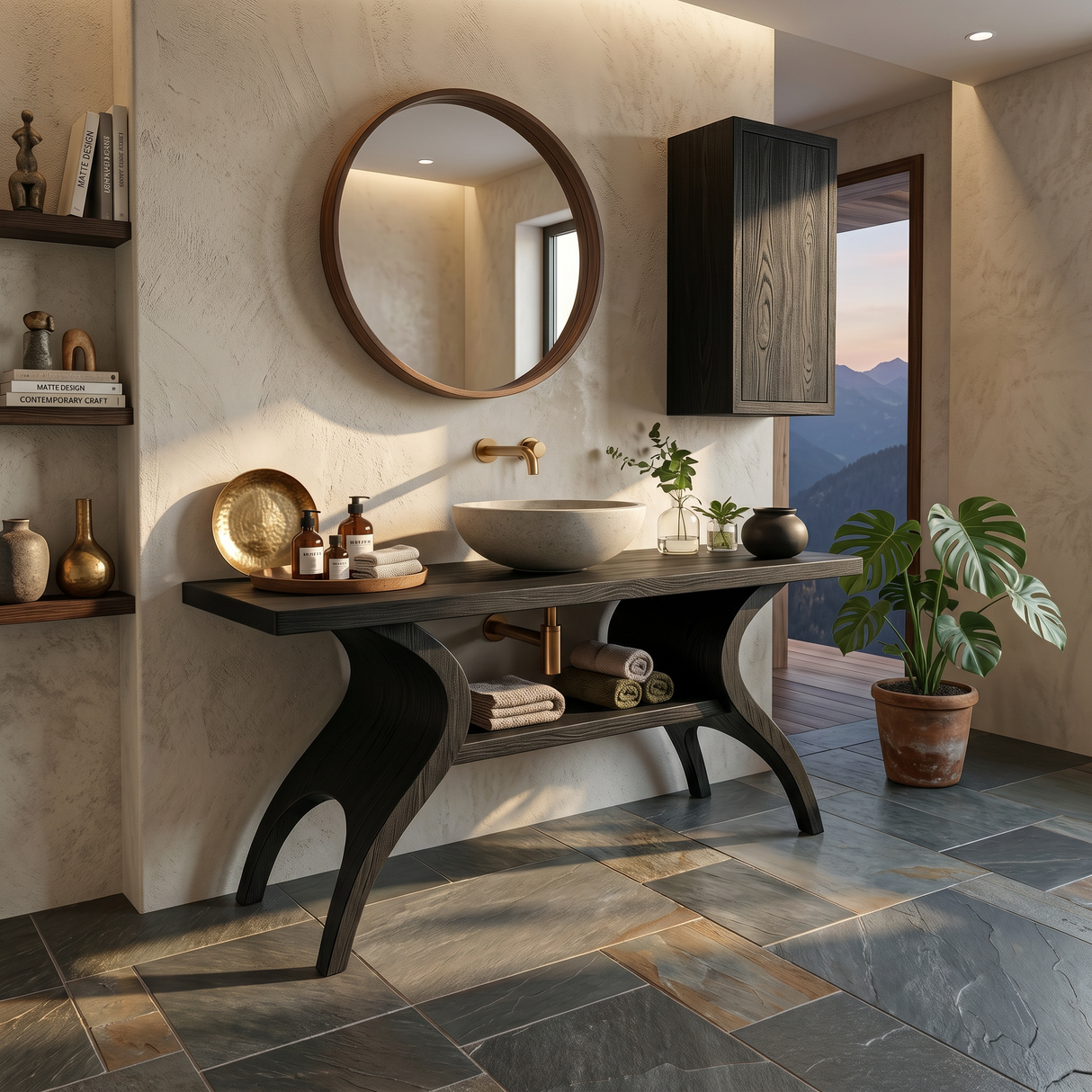 Organic Wooden Bathroom Vanity With Open Towel Shelf For Bath