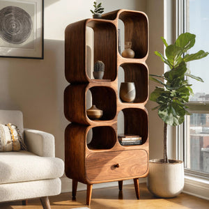 Modern Wood Bookshelf With Open Compartments For Living Decor