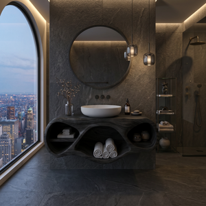 Organic Bathroom Vanity With Oval Open Shelves For Spa Bathroom