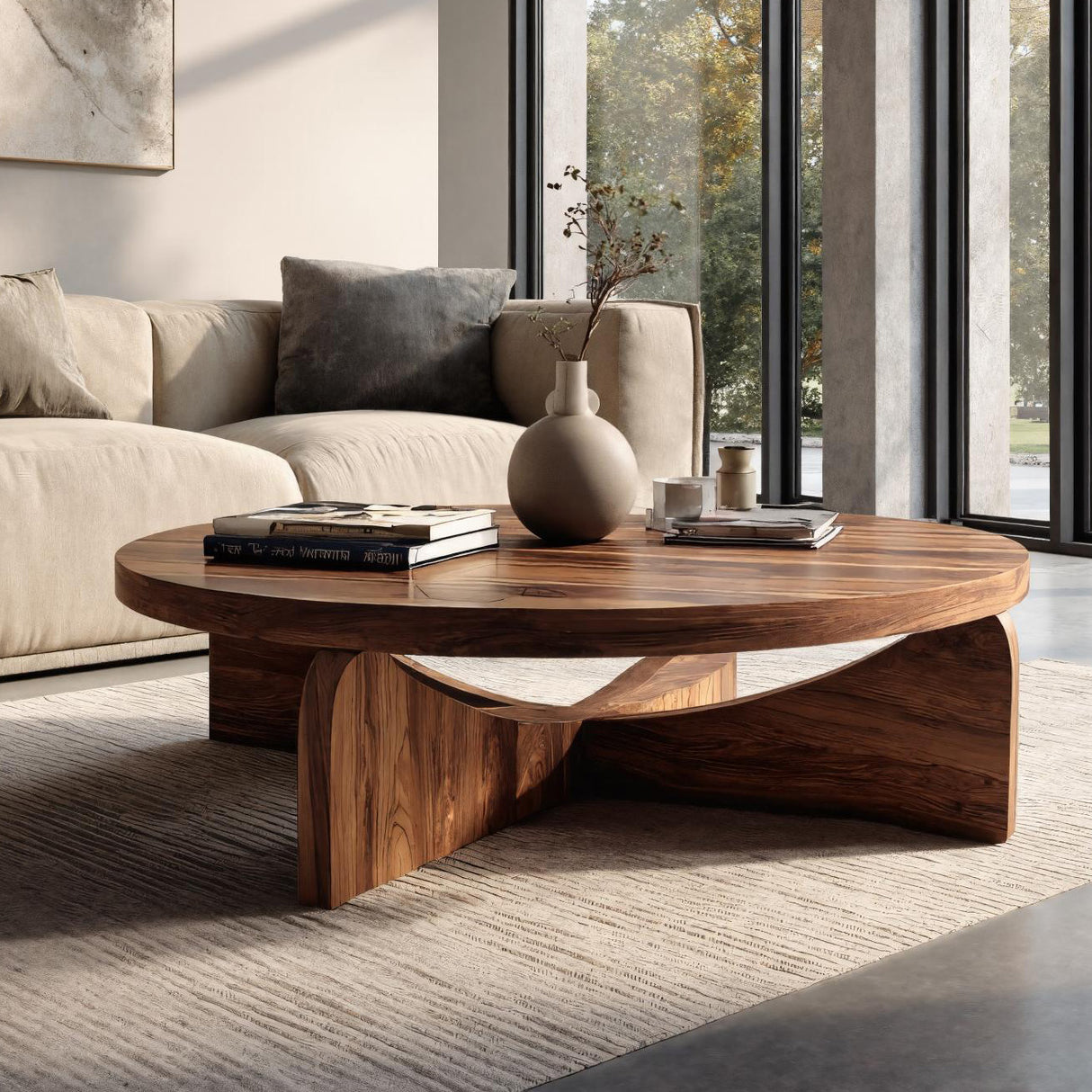 Modern Round Wood Coffee Table With Unique Base For Living