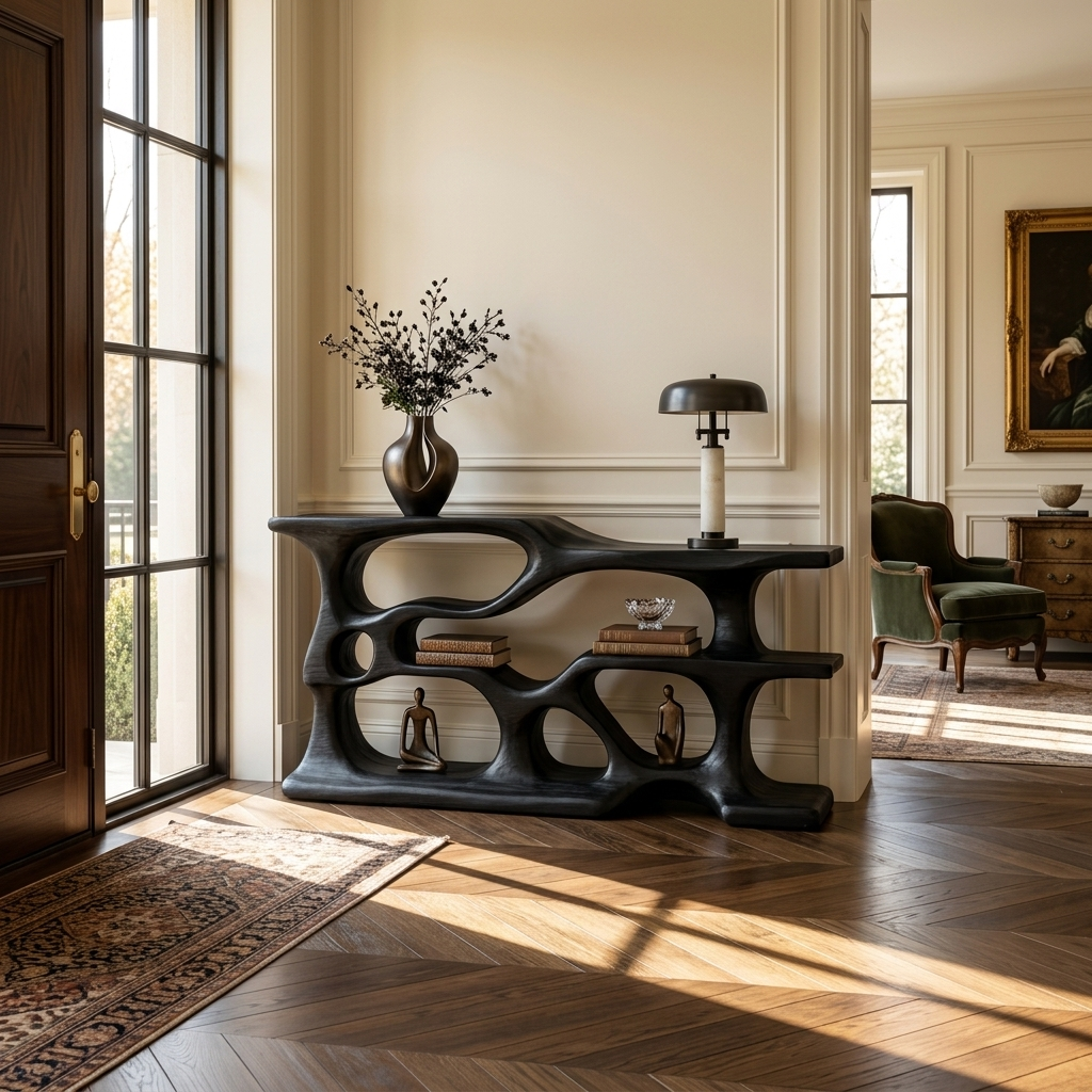Wooden Console Table With Sculptural Open Shelves For Living