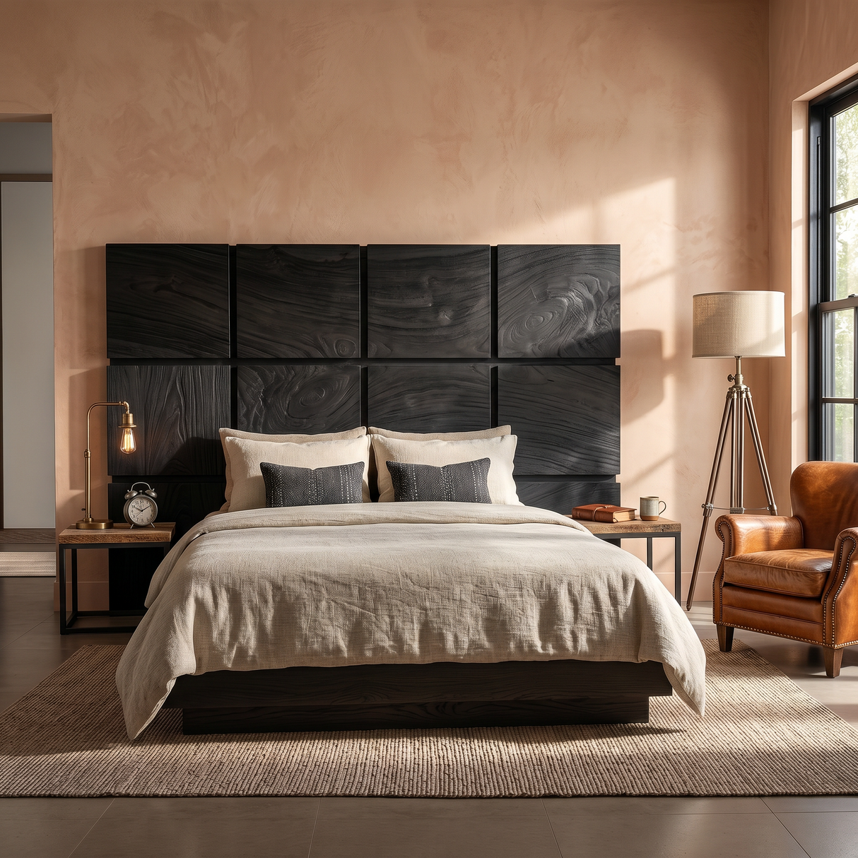 Minimal Grid Wood Headboard For Dark Contemporary Bedroom
