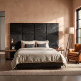 Minimal Grid Wood Headboard For Dark Contemporary Bedroom