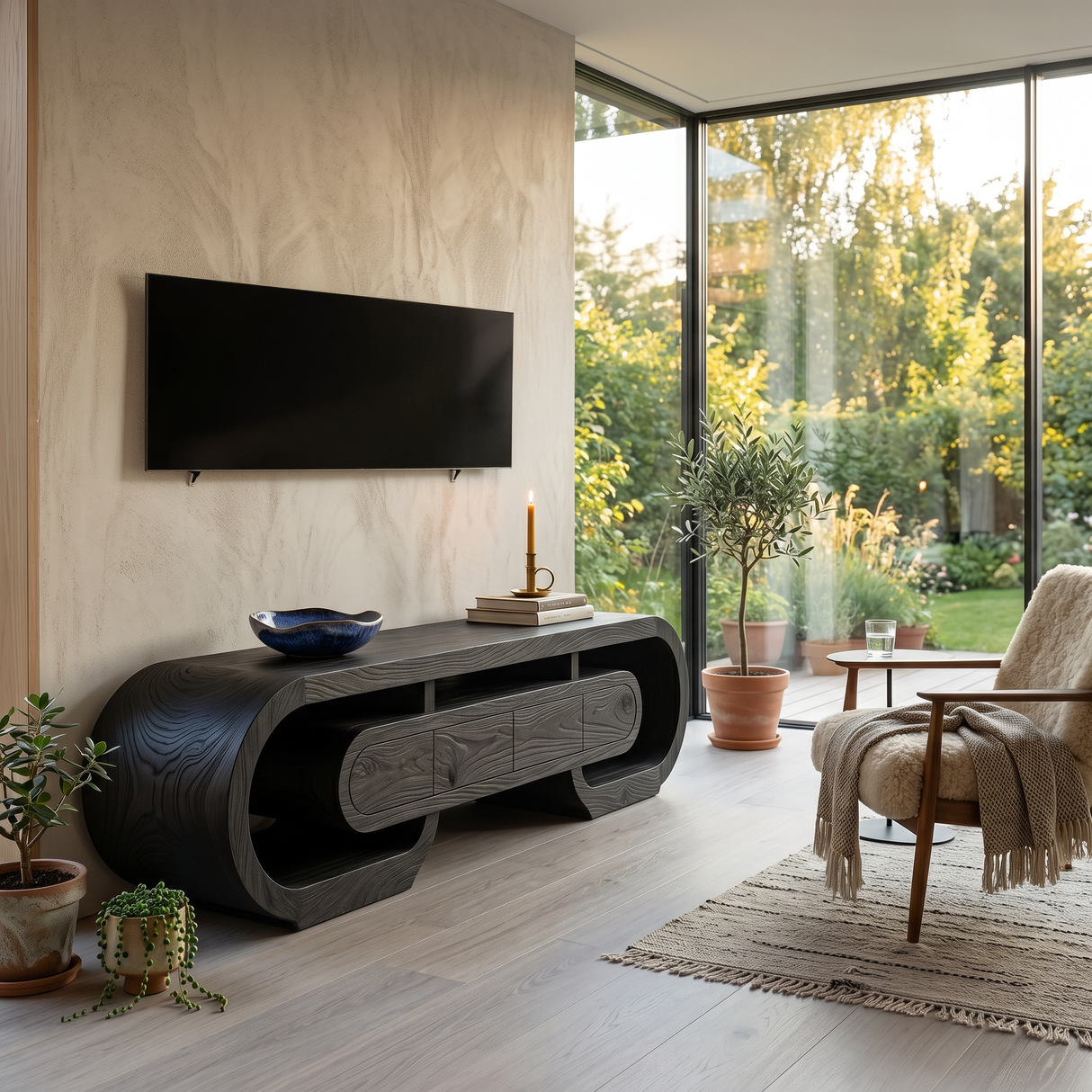 Modern Wood TV Cabinet Curved Design With Drawers For Living