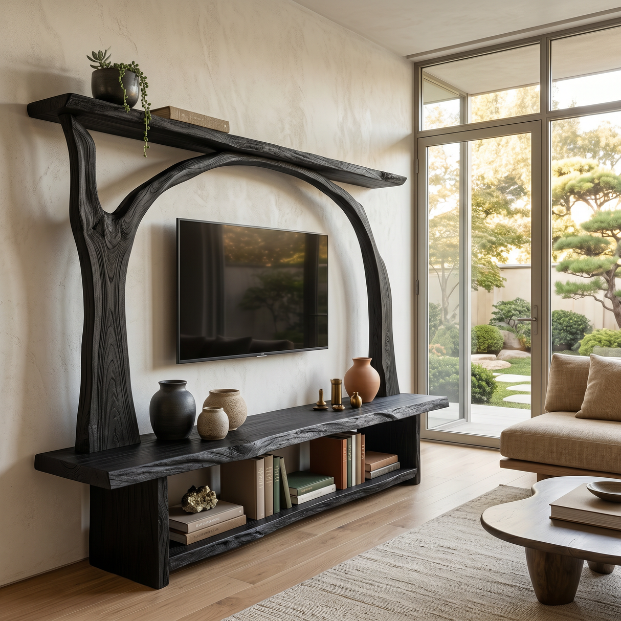 Wooden TV Cabinet With Sculptural Branch Frame For Modern Living