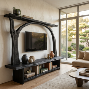 Wooden TV Cabinet With Sculptural Branch Frame For Modern Living