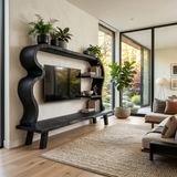 Wood TV Stand With Undulating Frame For Living Room Decor