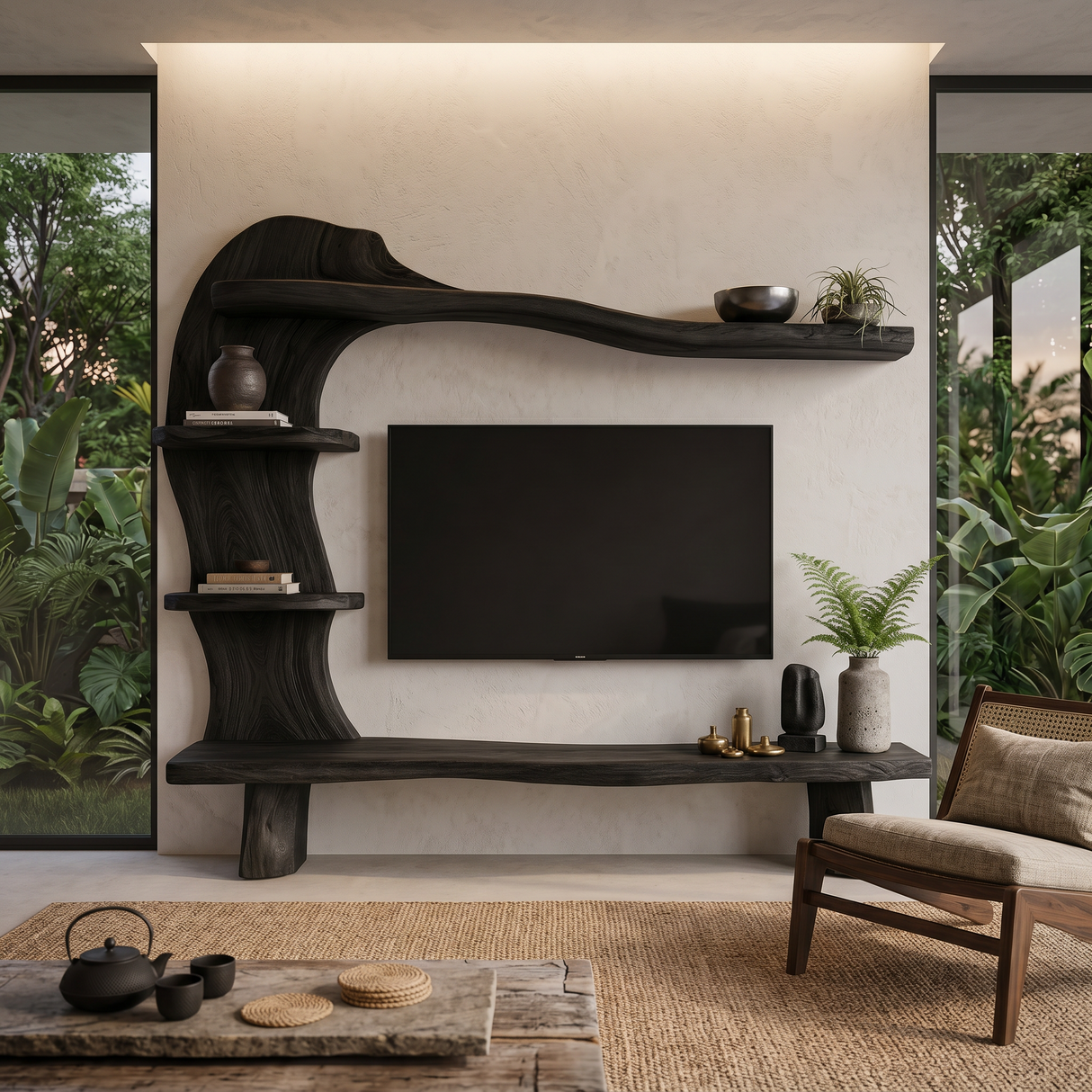 Handcrafted Wood TV Shelf With Curved Frame For Living Room