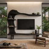 Handcrafted Wood TV Shelf With Curved Frame For Living Room