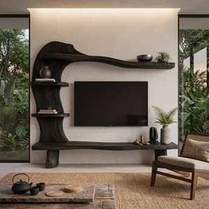 Handcrafted Wood TV Shelf With Curved Frame For Living Room