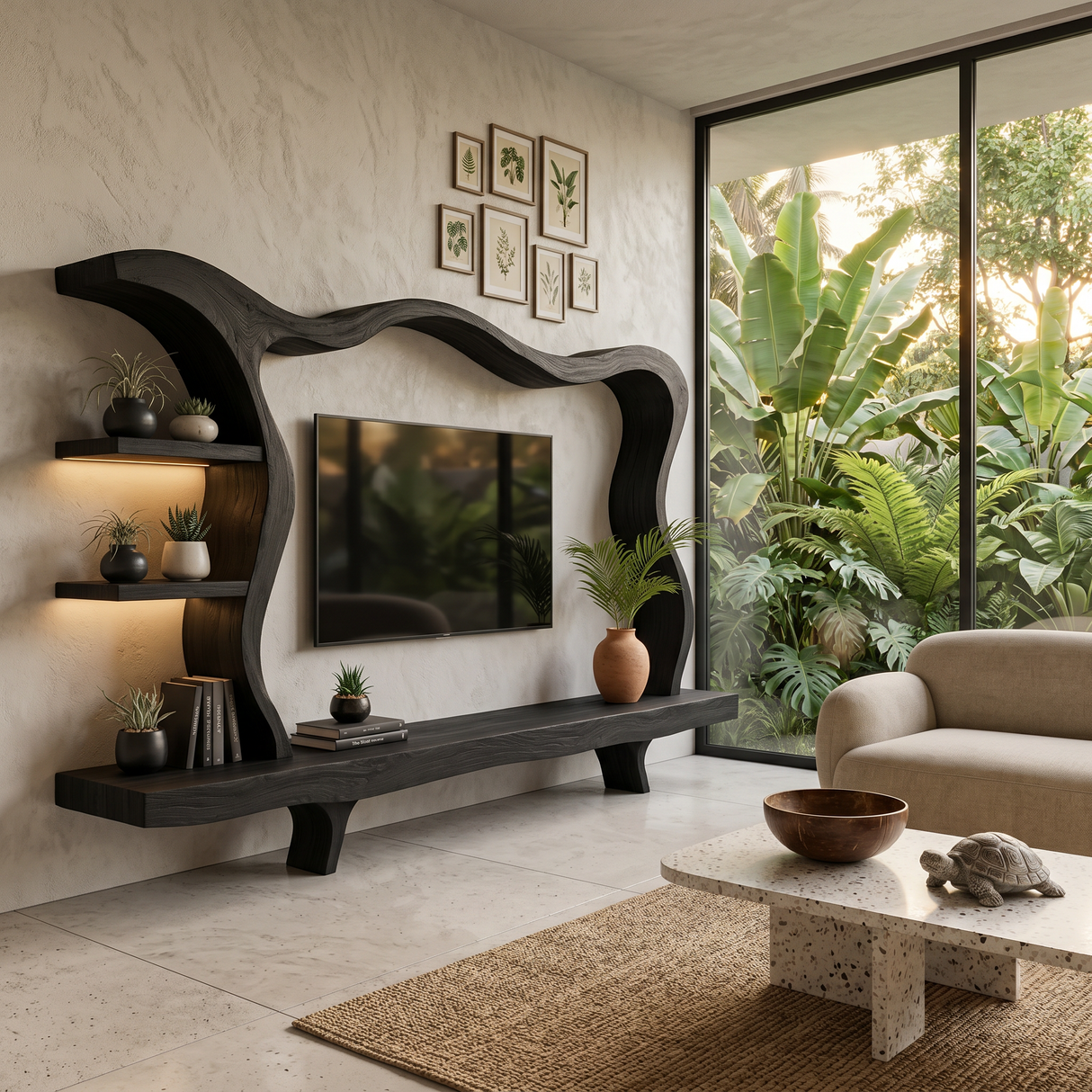 Modern Wood TV Stand With Flowing Frame For Home Decor