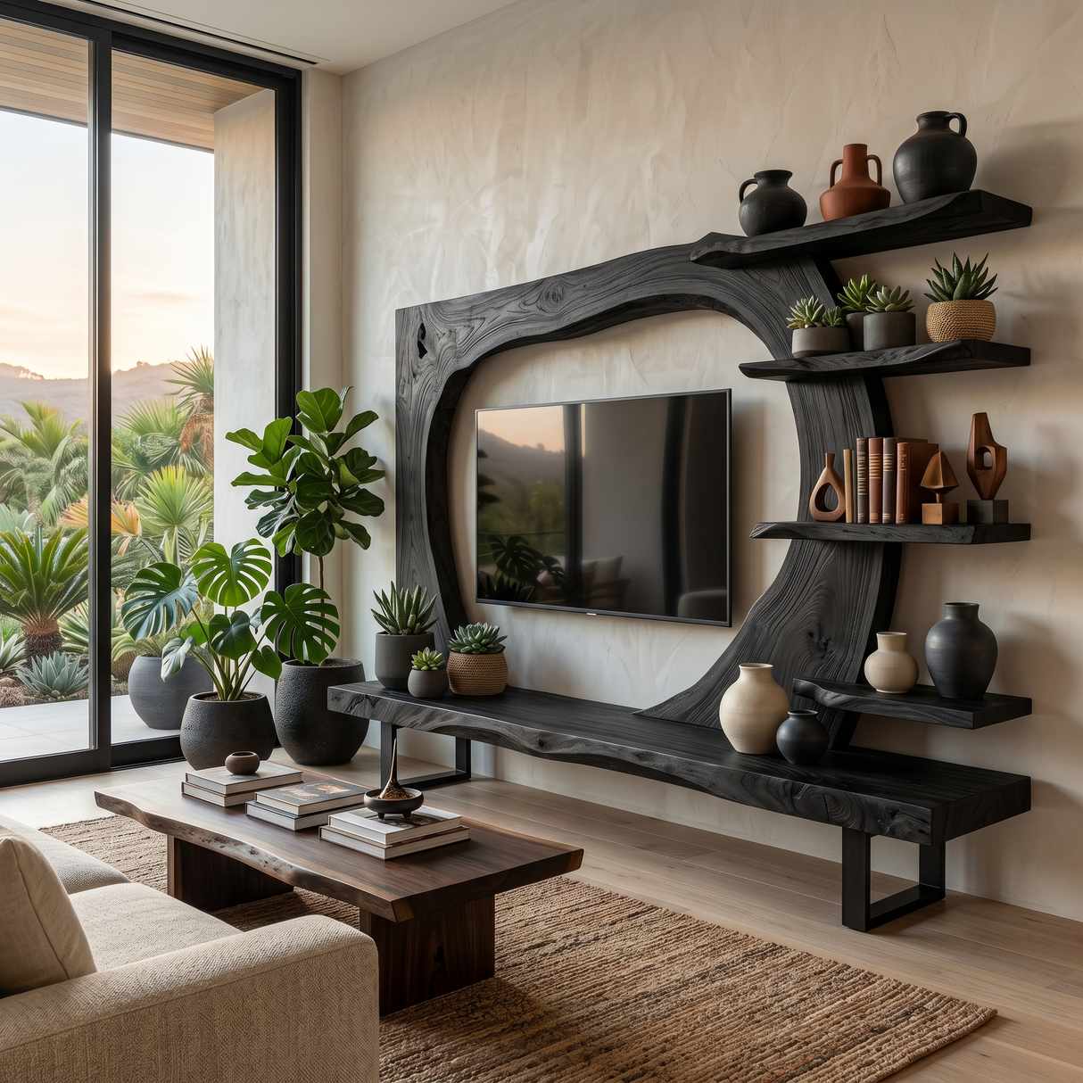 Wooden TV Stand With Frame Includes Display Shelves For Home