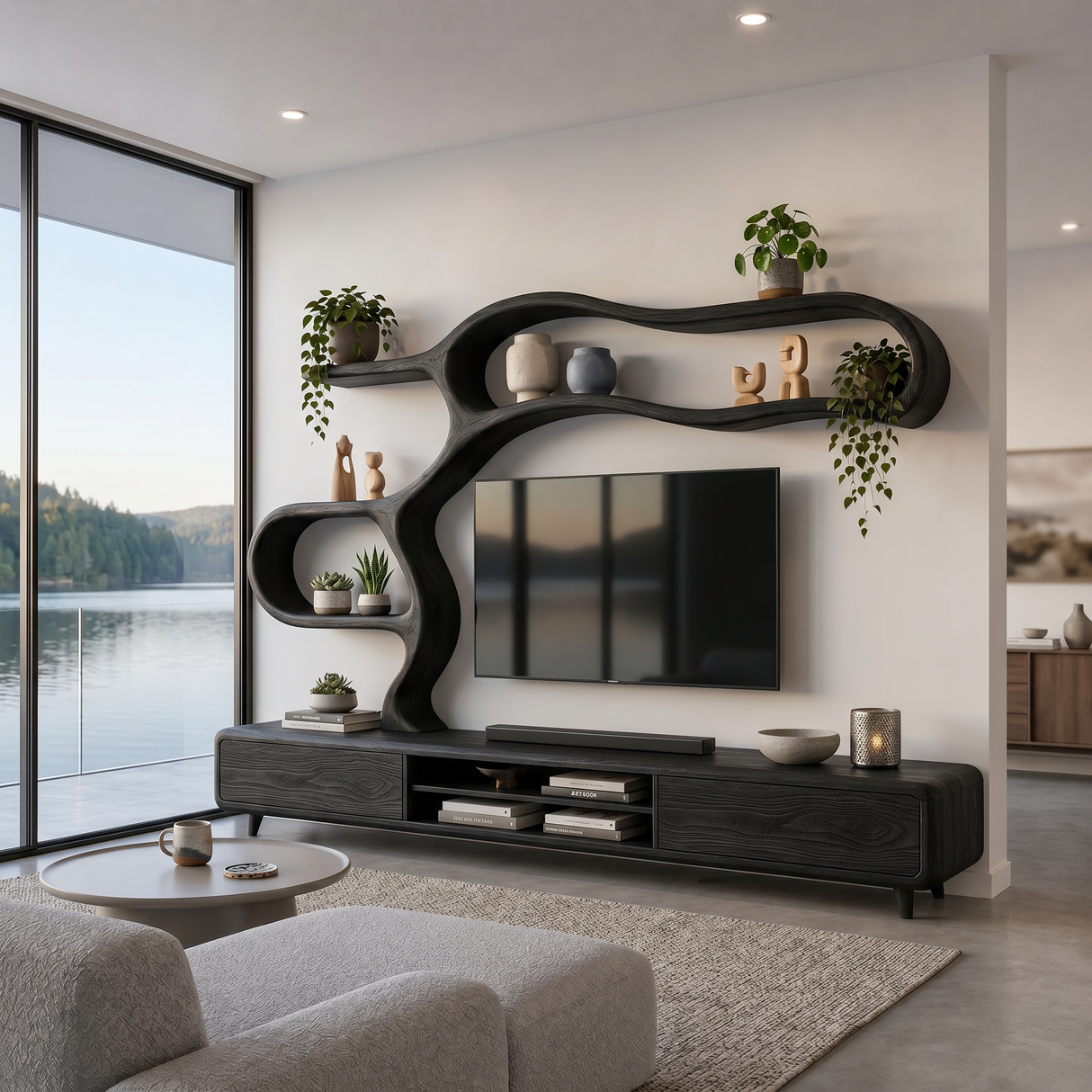 Contemporary Wooden TV Cabinet With Sculptural Frame For Living Room