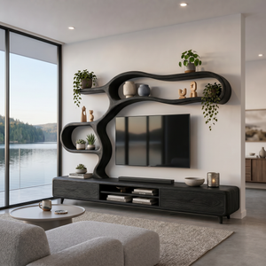 Contemporary Wooden TV Cabinet With Sculptural Frame For Living Room