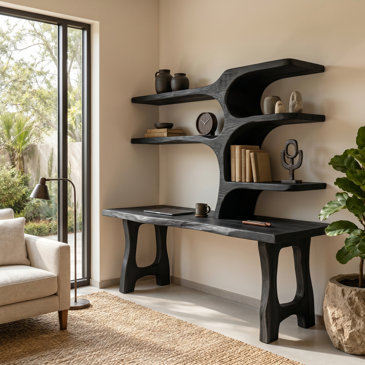 Handcrafted Wood Desk With Open Shelves For Workspace Decor
