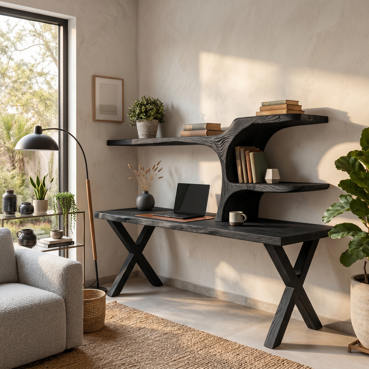 Organic Sculptural Wood Desk With Integrated Bookshelf For Home Office