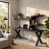 Organic Sculptural Wood Desk With Integrated Bookshelf For Home Office