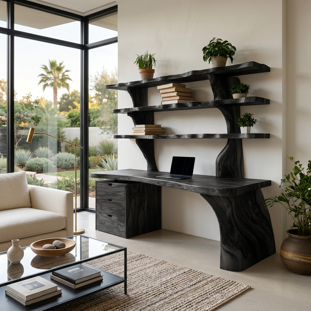 Organic Wood Desk With 3-Tier Integrated Bookshelf For Study Room