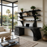 Organic Wood Desk With 3-Tier Integrated Bookshelf For Study Room