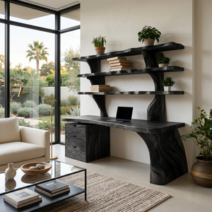 Organic Wood Desk With 3-Tier Integrated Bookshelf For Study Room
