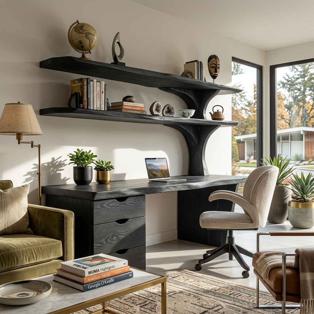 Wooden Desk With Integrated Shelving And Drawer For Contemporary Office