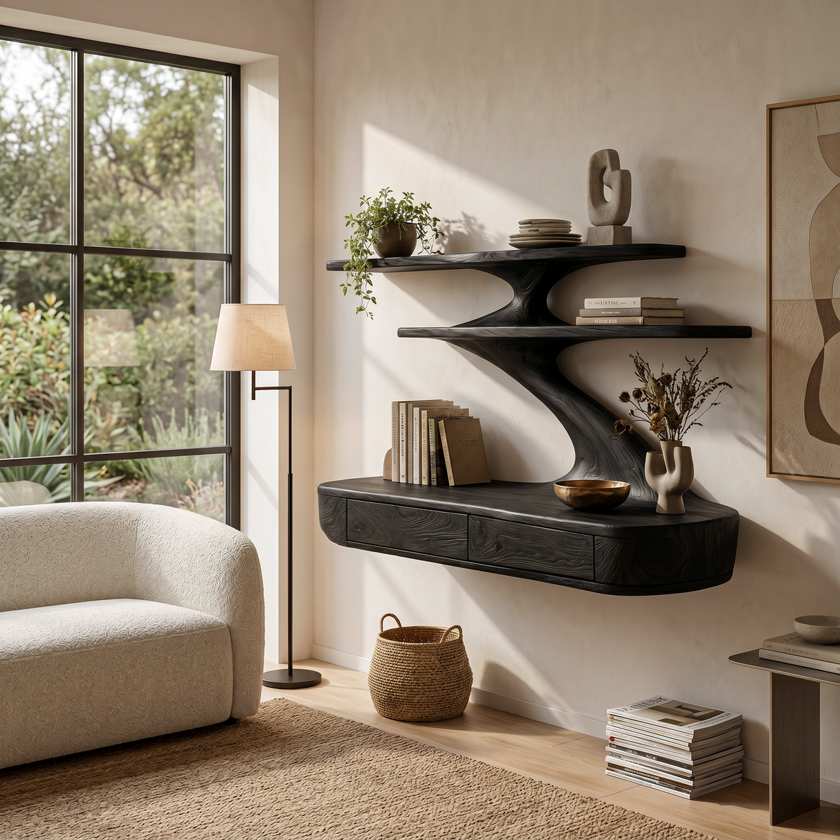 Floating Wooden Desk With Curved Upper Shelf Frame For Workspace