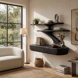Floating Wooden Desk With Curved Upper Shelf Frame For Workspace