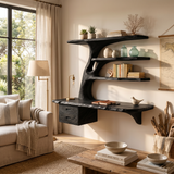Wood Floating Desk With Multi Level Organic Shelves For Office