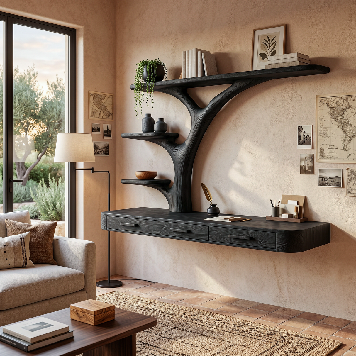Organic Floating Desk With Branch Shaped Open Shelves For Workspace