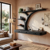 Organic Floating Desk With Branch Shaped Open Shelves For Workspace