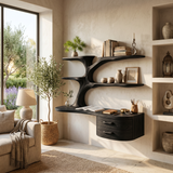 Rustic Wooden Desk With Sculptural Shelving And Drawer For Workspace