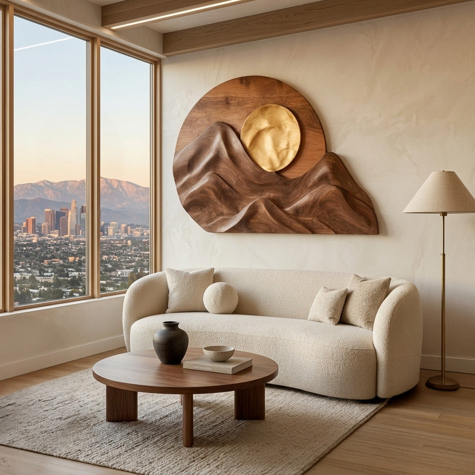 Handcrafted Mountain Sun Wood Wall Art For Living Room