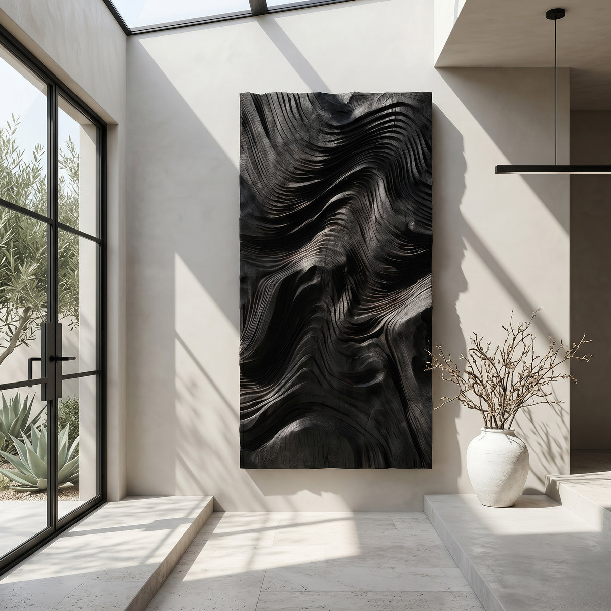 Contemporary Wave Carved Texture Wood Wall Art For Entryway