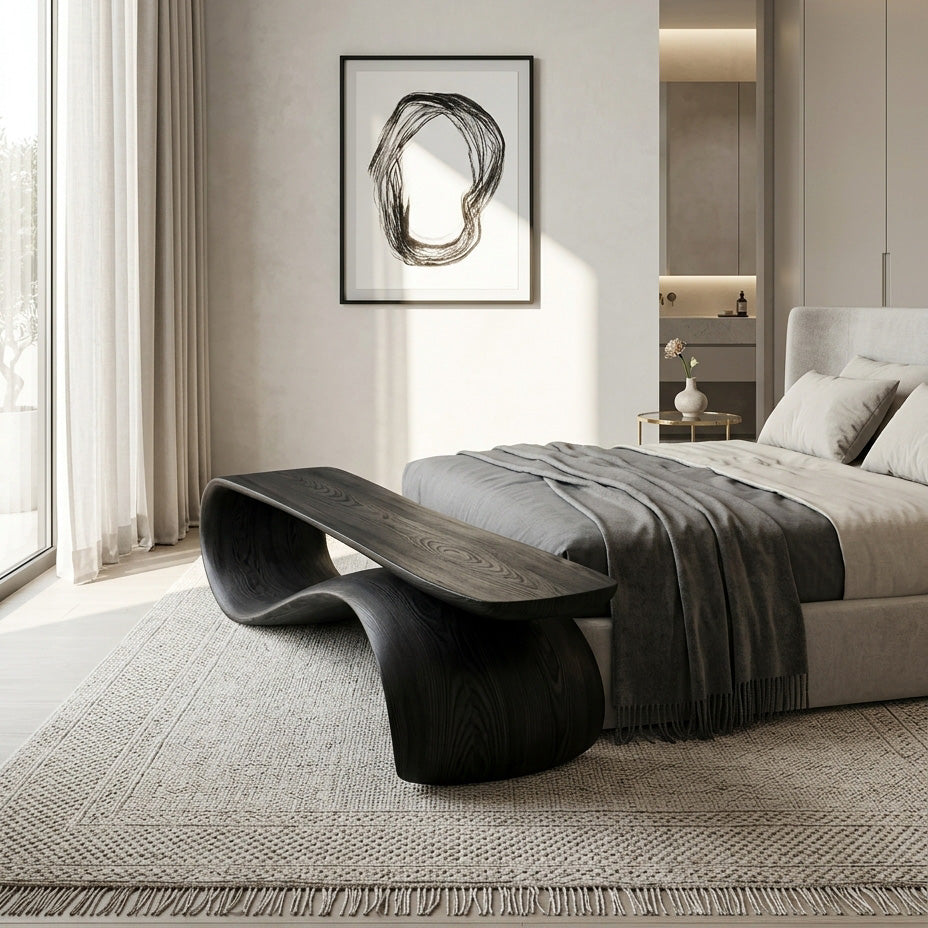 Modern Sculptural Wood Bench For Hallway Accent Decor