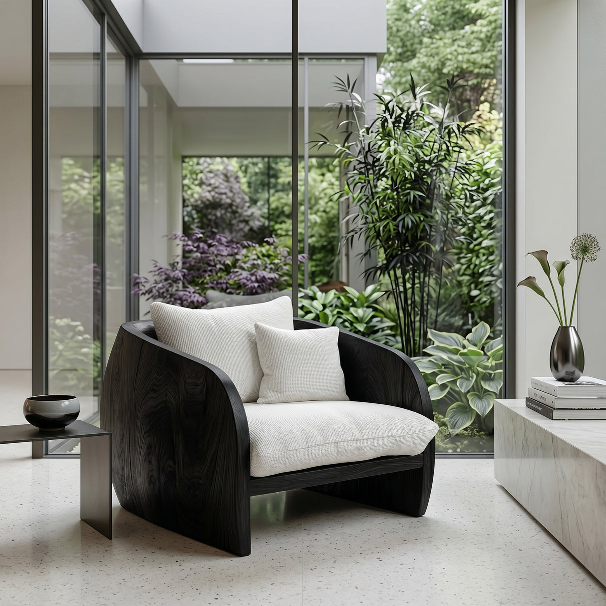 Organic Wooden Armchair With Rounded Frame For Luxury Living Room