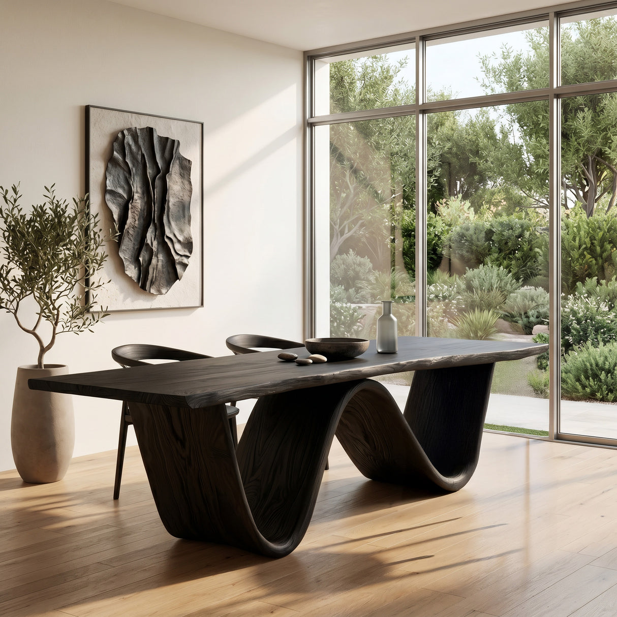 Organic Wooden Dining Table With W-shaped Base For Dining Space