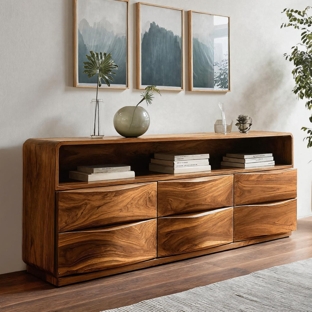 Mid Century Wooden Sideboard With Drawers For Living Room