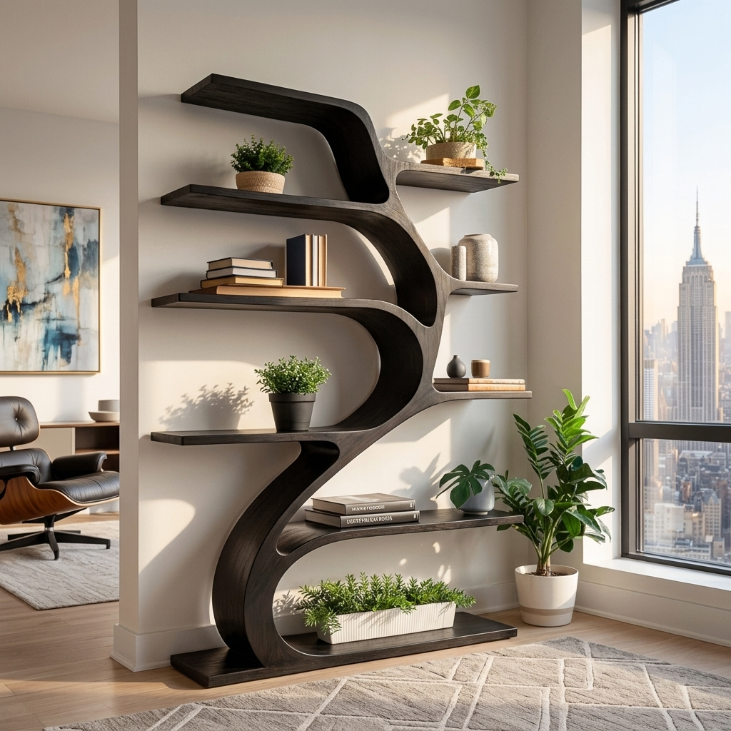 Minimal Natural Wood Bookshelf Branch Design For Interior Space