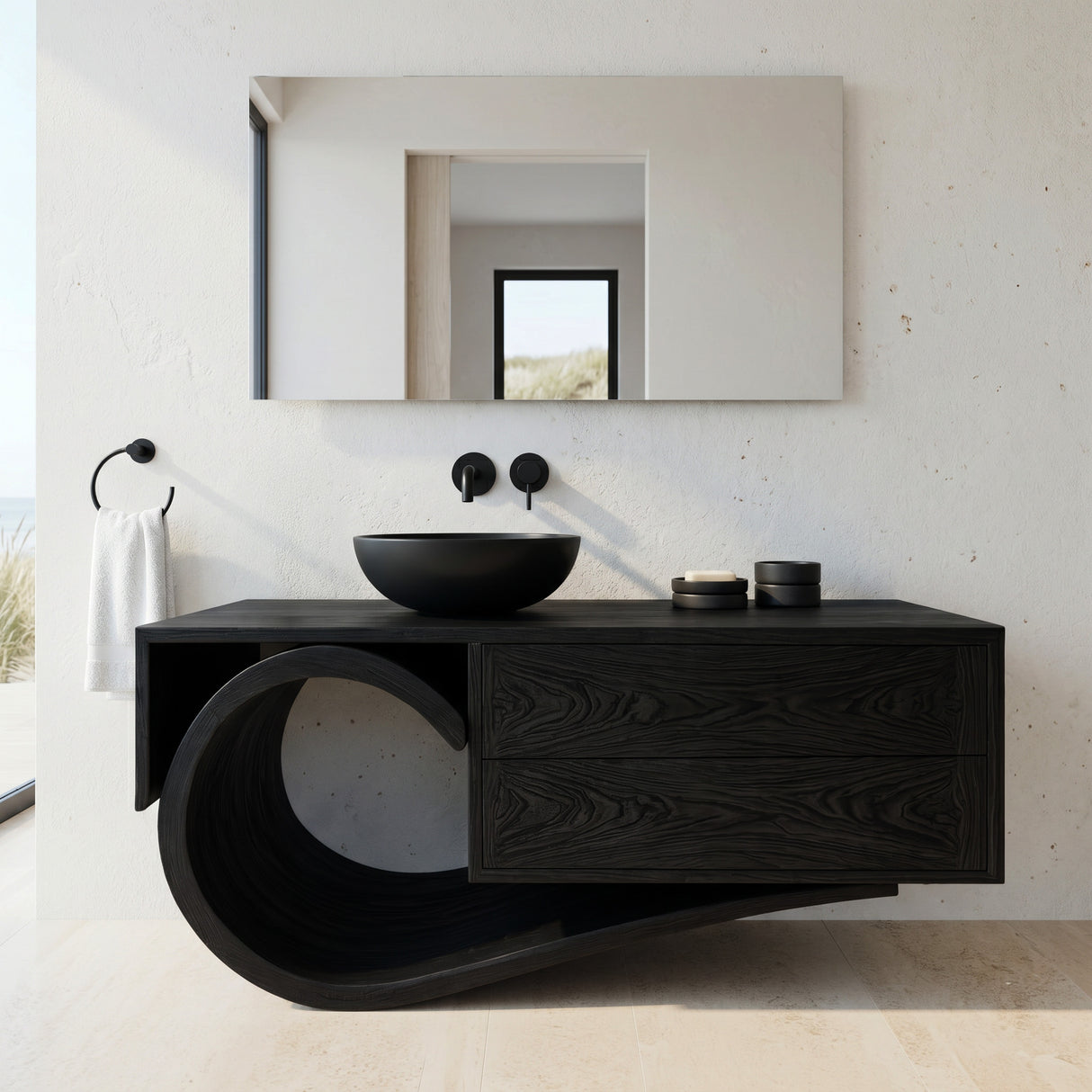 Modern Bathroom Vanity With Curved Loop Base For Bathroom Use