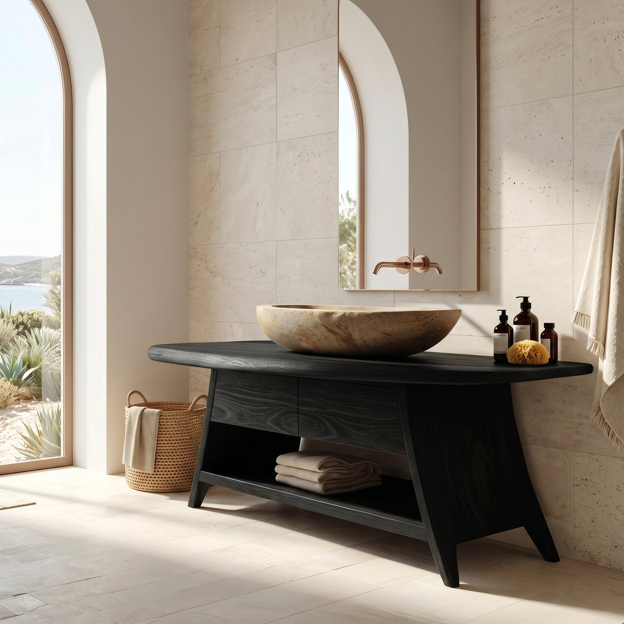 Organic Wood Bathroom Vanity With Open Storage For Bathroom