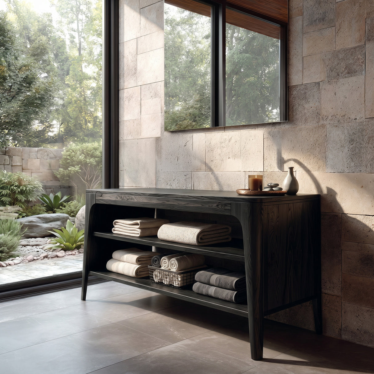 Organic Modern Bathroom Vanity With 2-Tier Open Shelf For Bathroom