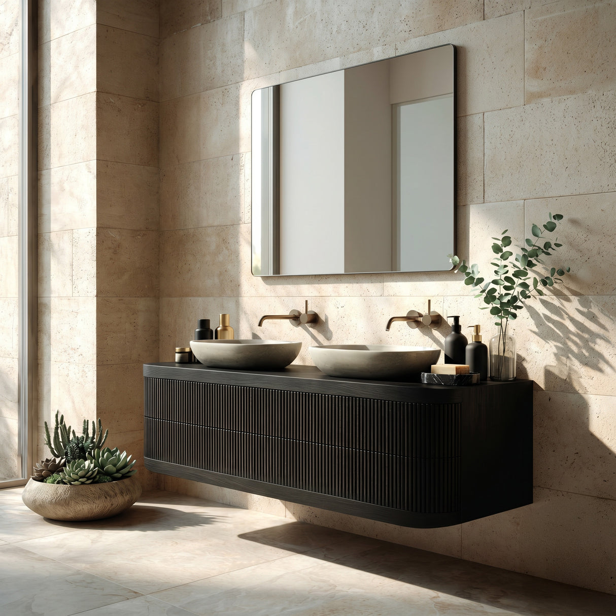 Contemporary Wooden Floating Bathroom Vanity With Fluted Front For Bathroom